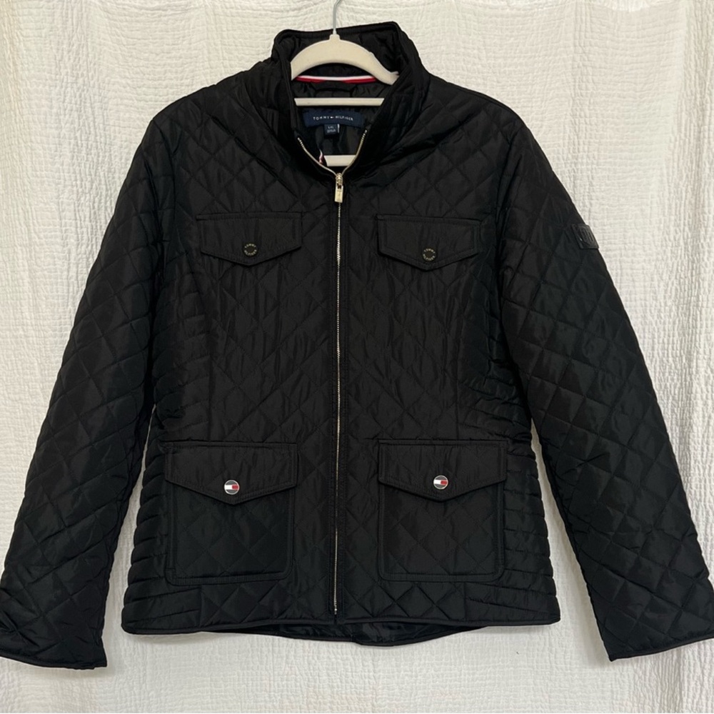 Tommy Hilfiger Black Quilted Jacket Gold Zipper Women’s Large